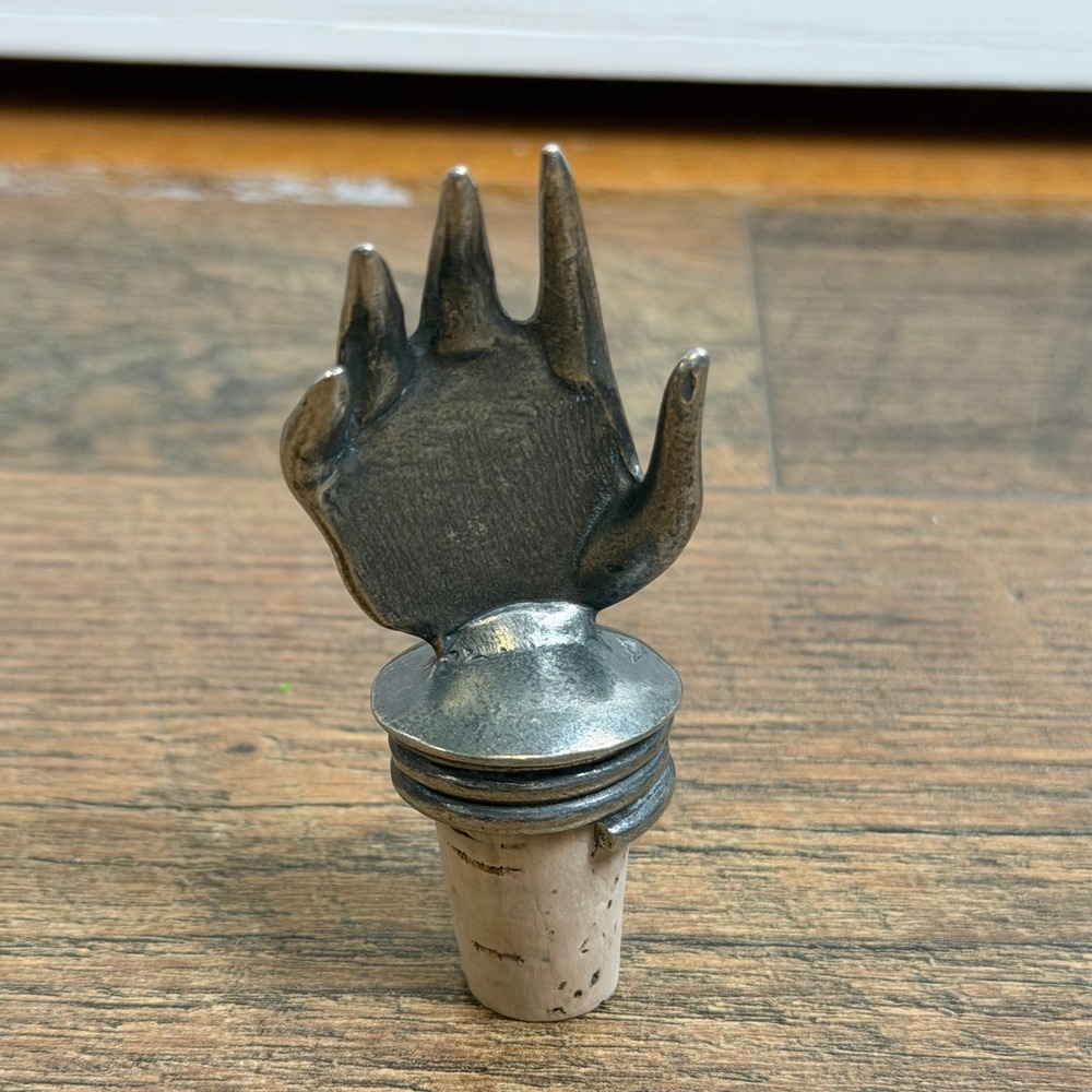 Vintage Gothic Metal Hand Wine Bottle Stopper Surrealist Pewter Tone Barware